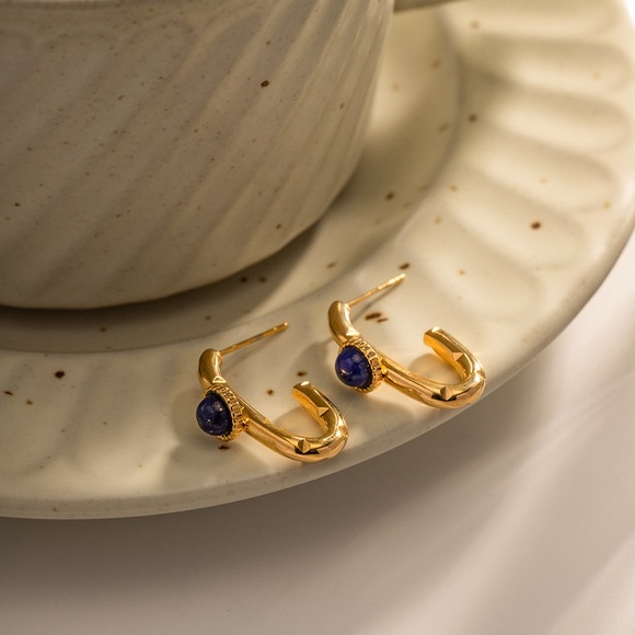 18K Gold Lapis Lazuli Earrings*Gemstone Earrings*Lightweight Earrings*Waterproof - Picture 2 of 3